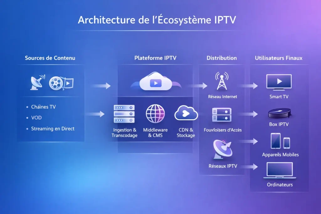 Infographie illustrant l’écosystème IPTV Atlas Pro et son fonctionnement global
