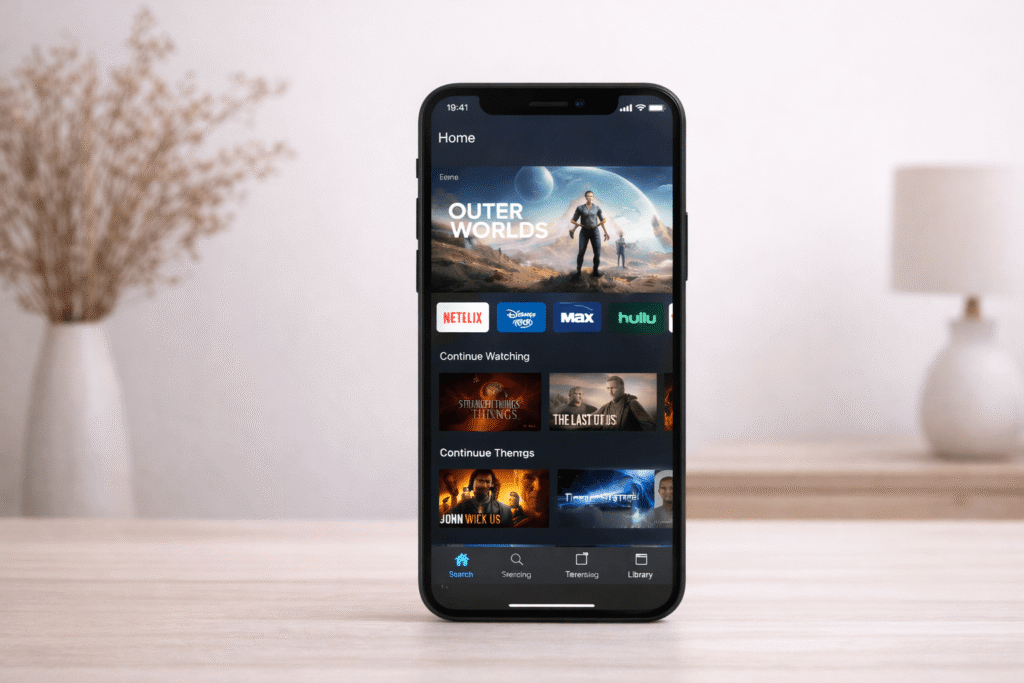 image stock minimaliste iphone affichant application streaming moderne